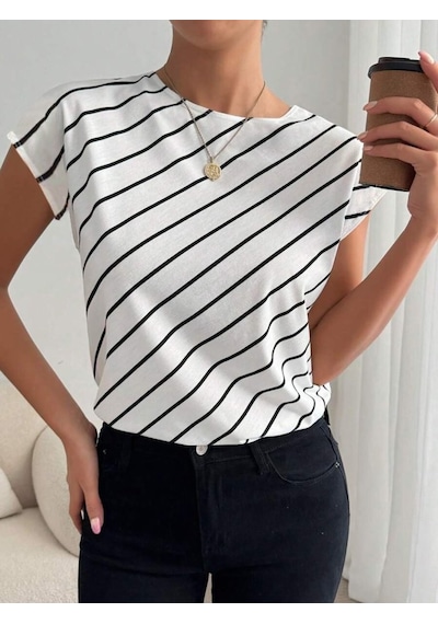 Moderie Butik Kadın Kısa Yarasa Kollu Bisiklet Yaka Çizgi Desenli Atlas Bluz Beyaz