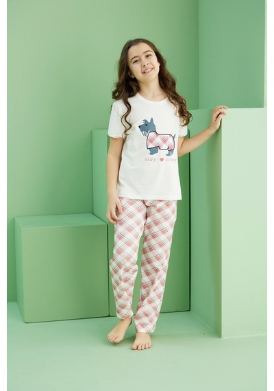 Siyah İnci Pamuklu Bisiklet Yaka Örme Pijama Takım25117086 Ekru