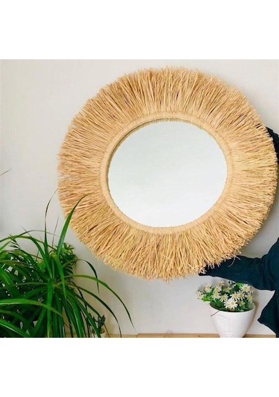 Reyo Home Bohem Ahşap Rafya Ayna