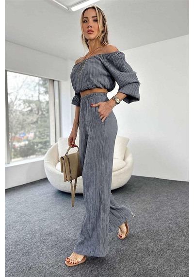 Fashion Cocktail Düşük Omuz Yazlık Lastikli Bohem Sahil Pantolon Krop Göbek Açık Kadın Takım Gri