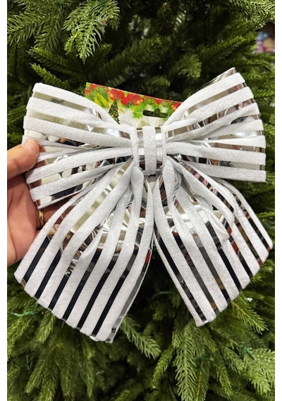 Beysüs Yılbaşı Ağacı Süsü 26 Cm Beyaz Gümüş Çizgili Dekoratif Fiyonk Diğer