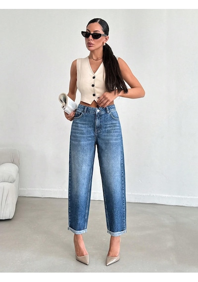 Kadın Bilek Boy Mom Fit Kot Pantolon Mavi Mavi