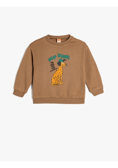 Koton Sweatshirt Bisiklet Yaka Köpek Baskılı Uzun Kollu Pamuklu Kahverengi 5wmb10212tk Kahve