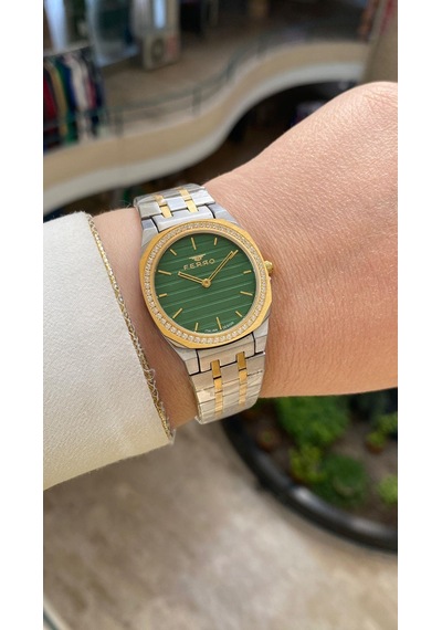 Ferro Quartz Çelik Altın/gri Yeşil Kadran 32 Mm Kelebek Kilit Kadın Kol Saati Gri