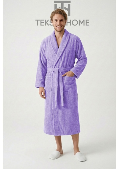 %100 Pamuklu Unisex Bornoz Şalyaka Cepli Büyük Beden 3xl 4xl Erkek Kadın Bornoz Lila