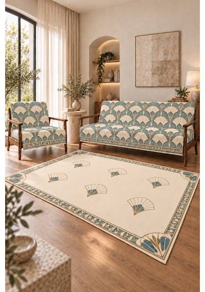 3 Lü Set 2 Adet 165x215 Cm Koltuk Örtüsü + 1 Adet 6m2 180x280 Cm Kaymaz Taban Dijital Baskılı Halı Turkuaz