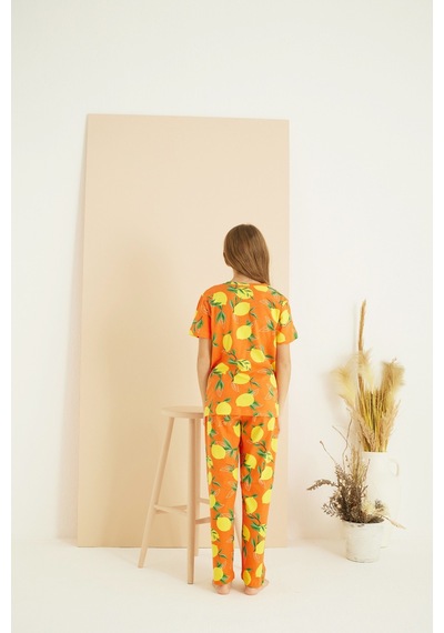 Siyah İnci Pamuklu Bisiklet Yaka Örme Pijama Takım25107130 Turuncu