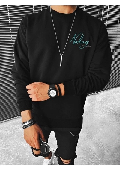 Unisex Oversize Nothing Baskı Bisiklet Yaka Siyah Sweatshirt Siyah