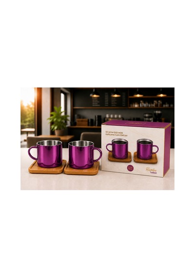 Aynalı Borosilikat Cam Türk Kahvesi Fincan Seti,mor,2x125ml Bambu Tabaklı, Isıya Dayanıklı Mor