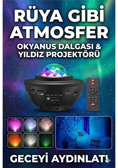 Galaksi Yıldız Projektörü Ve Bluetooth Hoparlör 10 Renk Modlu Okyanus Dalgalı Gece & Disko Lambası Belirtilmemis