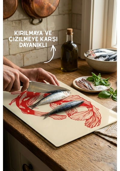 Koi Balık Desenli Cam Kesim Tahtası - 25x35cm -dayanıklı Ve Pratik Kesim Matı Kırmızı