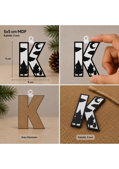K Harf Yılbaşı Süsü Mdf Çam Ağacı Desenli Asılabilir Dekor 5x5 Cm