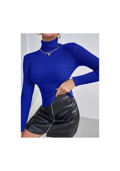 Hanclo Kadın Fitilli Balıkçı Yaka Slim Fit Triko Kazak Mavi