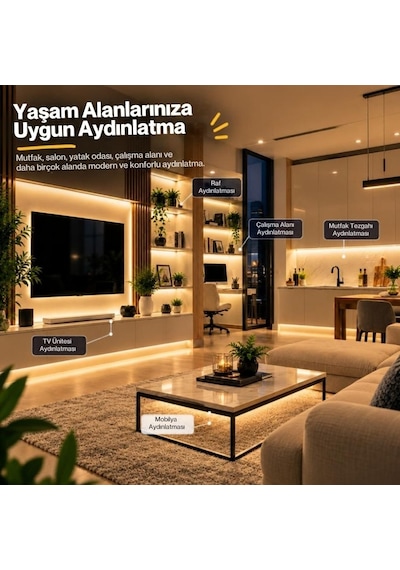 Şerit Led Kumandalı Dimmerli 5 Metre Mutfak Dolabı Tezgah Altı Aydınlatma Led Işık Sb-6557 Gün Işığı