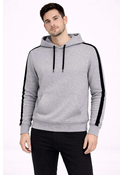 Assema Erkek Şeritli Kapüşonlu Sweatshirt Oversize 3 İplik Pamuklu - Gri Çok Renkli