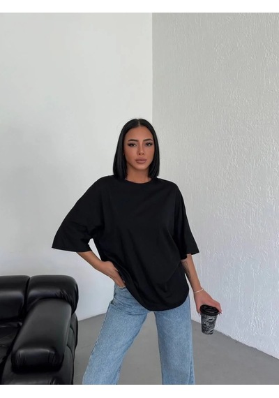 Kadın Düz T-shirt Kısa Kol Bisiklet Yaka Oversize Tişört - Siyah