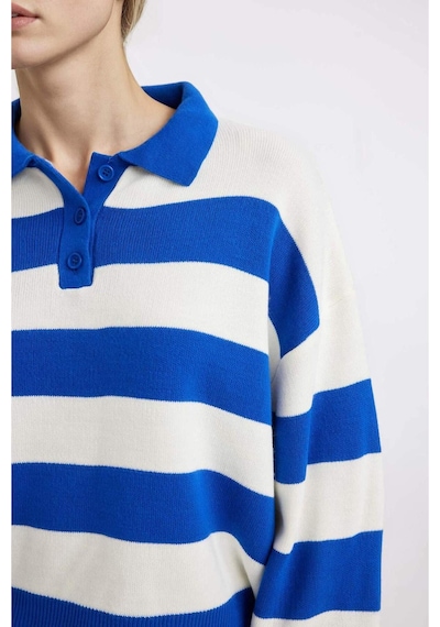 Defacto Regular Fit Polo Yaka Düğmeli Çizgili Triko Kazak A2357AX24WNBE64 Mavi