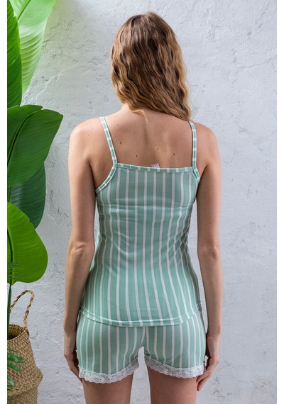 Giysa Kadın Askılı Şortlu Dantel Detaylı Çizgili Pijama Takımı Açık Yeşil - 2031 Açık Yeşil