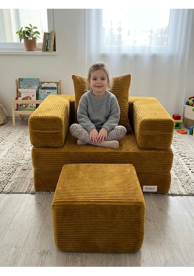 Premium Koyu Gri Fitilli Kadife Modüler Çocuk Koltuğu Ve Puf Seti - Bebek Dinlenme Koltuğu Hardal