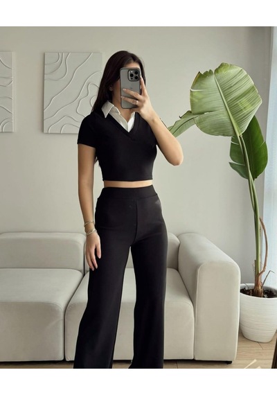 Elaxi Ottoman Kumaş Gömlek Garnili Crop-pantolon İkili Takım Siyah