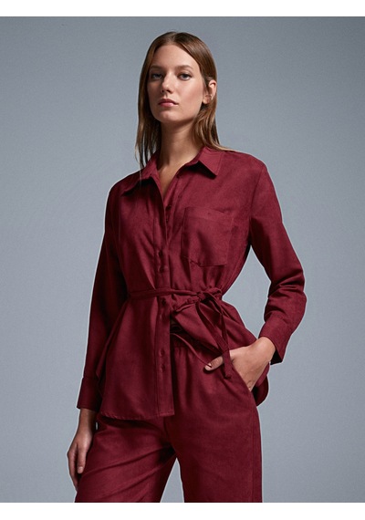 Dilvin 50518 Kemerli Süet Gömlek-bordo Bordo