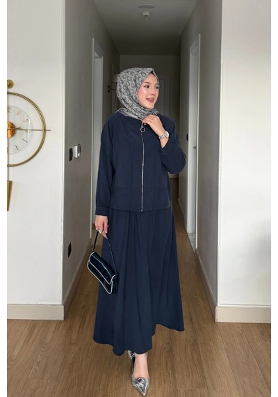 Mihran Butik Cupra Kumaş Lacivert Kadın Elbise Etek Takım Lacivert