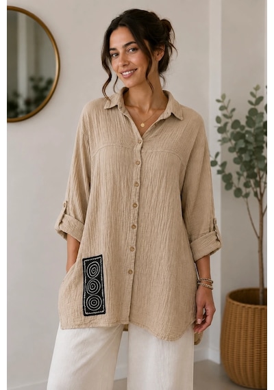 Bb Butik Basic İtalyan Seri Müslin Oversize Gömlek Dn0942 bej