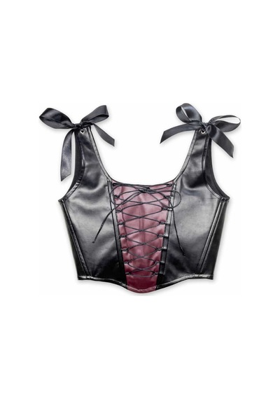 L'aura Corset Siyah Bordo Çapraz Bağlamalı Deri Korse Büstiyer