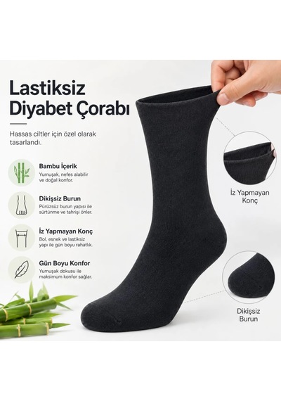 Bambu Diyabet Çorabı Lastiksiz Dikişsiz Burun Siyah Uzun Konç Hassas Ayaklar İçin