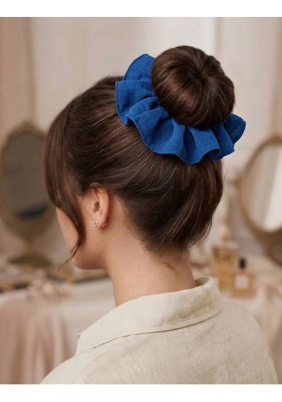 Handmade Çift Dikişli Xl Scrunchie Saç Tokası Lacivert