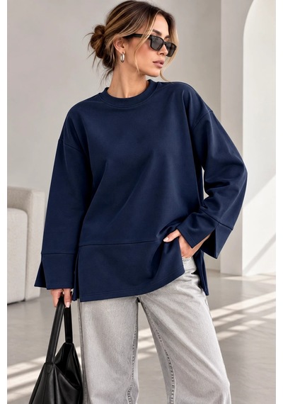 Bb Butik Basic Oversize Yırtmaç Detaylı Bisiklet Yaka Sweatshirt Zg3535 Lacivert