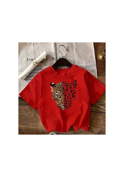 Herkesemoda Leopar Kaplan Baskı Detaylı Basic T-shirt Kırmızı