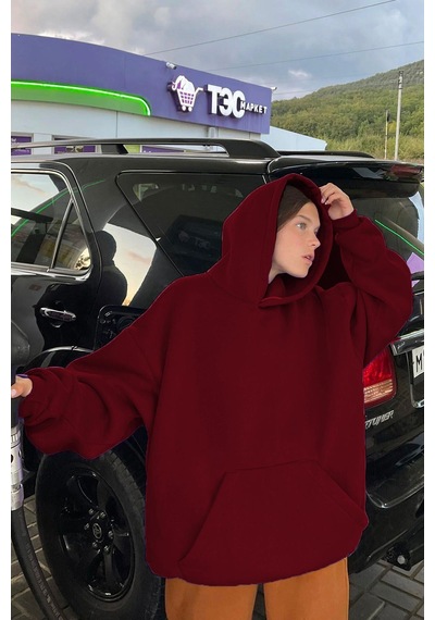 Madmext Bordo Kapüşonlu Şardonlu Oversize Sweatshirt Mg1566 Bordo