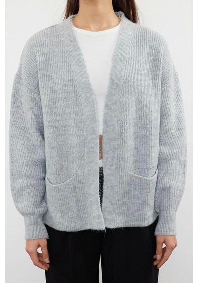 Ersefa Kadın Modern Tarz Oversize V Yaka Regular Triko Hırka Gri