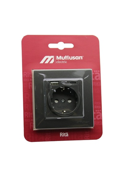 Mutlusan Rita-2220 629 0295 Füme Usb + Type-c Topraklı Priz Çerçeveli- 8'li Paket
