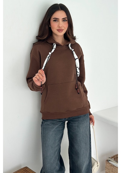 Noa & Noa Kadın Fular Detaylı Kapüşonlu Sweatshirt Casual Charm Kahverengi