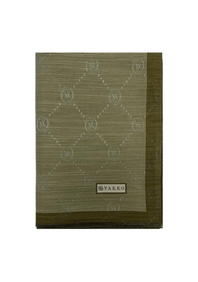 Vakko Pamuk İpek Şal - Şeritli Monogram - Haki