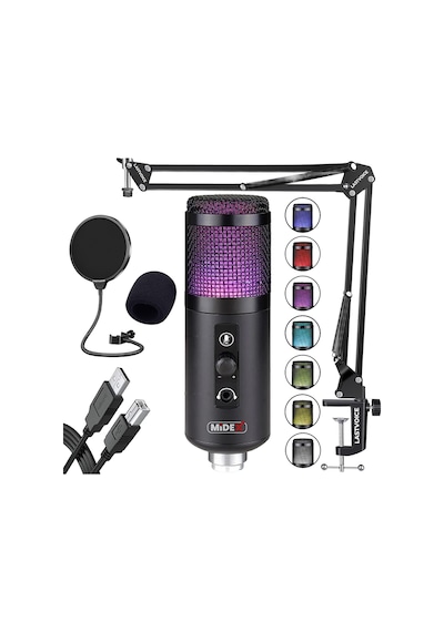 Midex V5 RGB Set USB Oyuncu ve Yayıncı Mikrofonu Condenser Stüdyo
