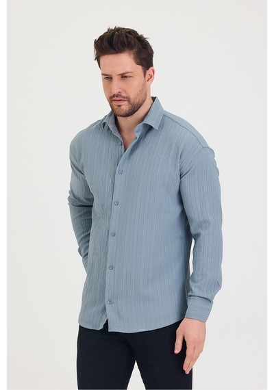 Tarz Cool Erkek Kendinden Çizgi Detaylı Slim Fit Dar Kalıp Uzun Kol Gömlek Mavi Tarz Cool Erkek Kendinden Çizgi Detaylı Slim Fit Dar Kalıp Uzun Kol Gömlek Mavi