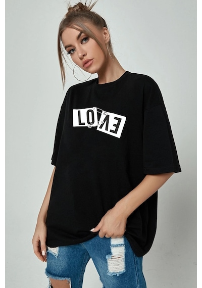 - - Unisex Love Aşk Siyah Oversize T-shirt SIYAH