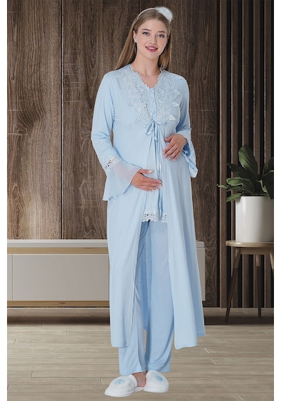 Lohusa Sepeti Lohusasepeti 1517 Dantelli Sabahlıklı Lohusa Pijama Takımı 001