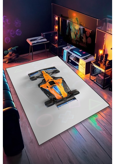 Formula 1 Turuncu Yarış Arabası Halı Kaymaz Taban Yıkanabilir Genç Odası Halısı F1.2