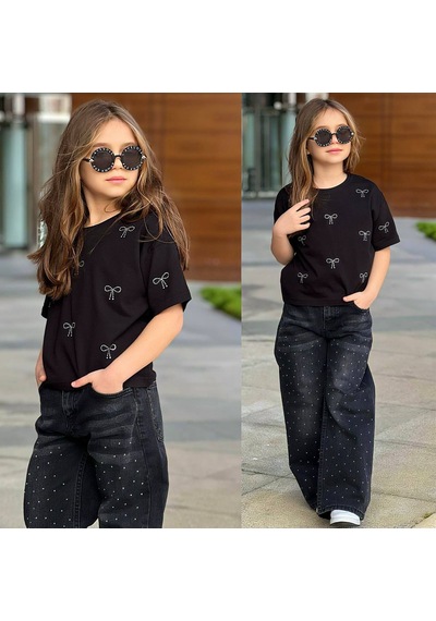 Bam Bam Kurdelalı Taşlı Kot Pantolonlu Kız İkili Takım 5-14 Yaş -2636685 - Siyah
