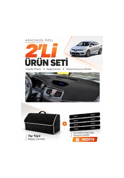 Renault Fluence Küçük Ekranlı 2009-2016 Uyumlu Torpido Örtüsü + Tay Tüyü Çanta Seti - Siyah Gri