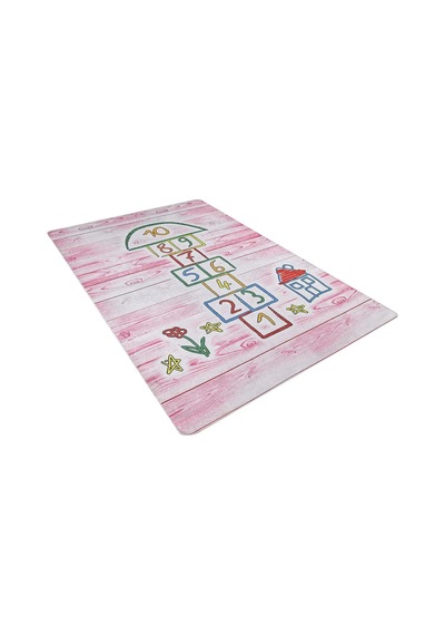 Bespoky Geometrik Desenli Halısı Dijital Baskı Kaymaz Pembe - Beyaz