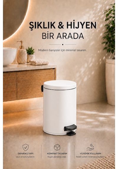 Pedallı Çöp Kovası 3 Litre İç Kovalı Kapaklı Banyo Çöp Kutusu Beyaz - Elit 7003