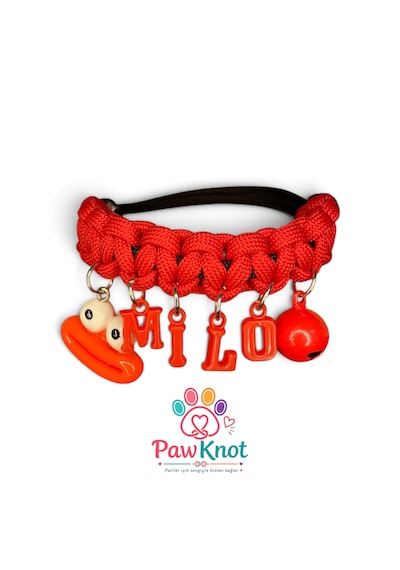 Pawknot Kişiye Özel İsimli Paracord Kedi Ve Köpek Tasması - Kırmızı / Sevimli Figürlü & Çanlı Kırmızı - Siyah