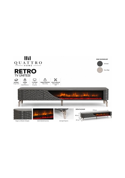 Retro Elektrikli Şömineli Tv Ünitesi 170 Cm Antrasit Krom Ayaklı Dalgalı Kapaklı Modern Tv Sehpası Retro Elektrikli Şömineli Tv Ünitesi 170 Cm Antrasit Krom Ayaklı Dalgalı Kapaklı Modern Tv Sehpası