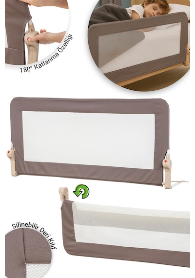 Wellgro Premium 120x65 CM Deri Kılıflı Yatak Bariyeri Katlanır Yatak Korkuluğu Kahve