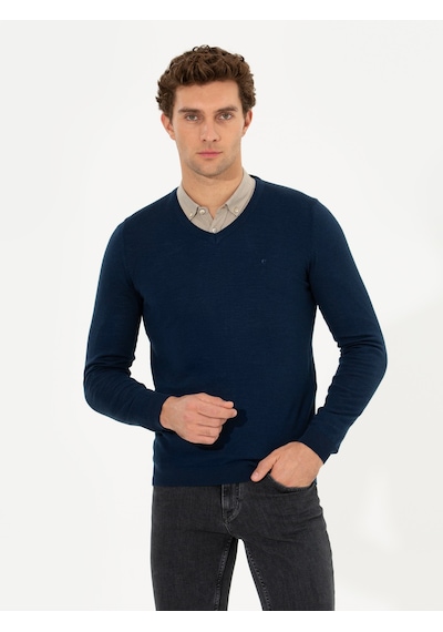 Cacharel Lacivert Slim Fit V Yaka Basic Triko Kazak